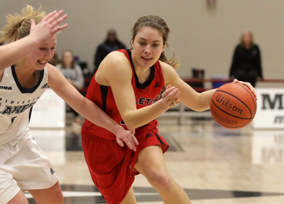 Carleton Ravens guard Stephanie Carr drives to the net on Saturday, January 20, 2018. The Stittsville native scored 13 points in leading the Ravens to a 100-44 victory over the Nipissing Lakers. photo by Mike Carroccetto / for Stittsville Central
