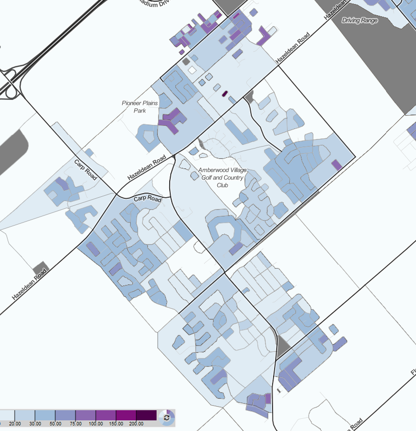 A map showing Stittsville's density levels, based on the 2016 census. Low density is white to light blue, while higher densities are indicated by purple.