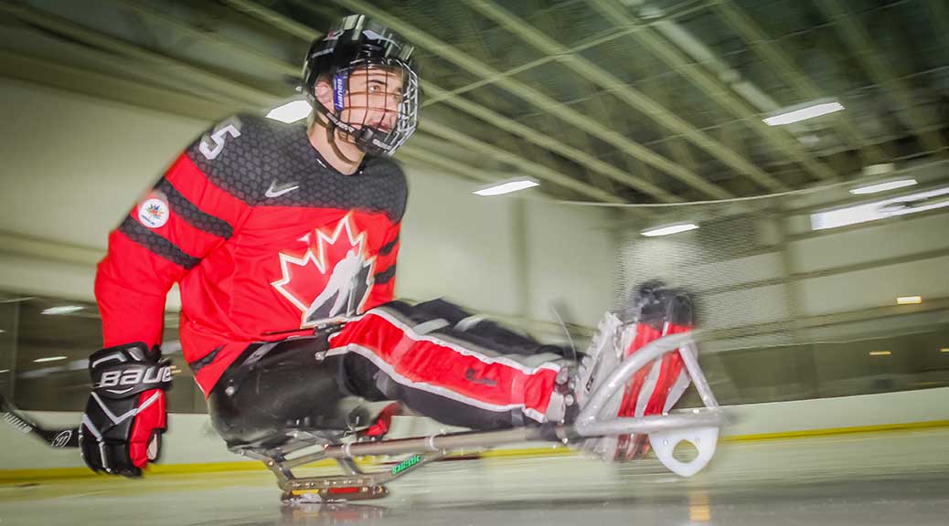 Tyrone Henry of Stittsville on the ice at GRC. Tyrone is a member of the Canadian National Sledge Hockey Team that won Gold in South Korea. Photo by Barry Gray.