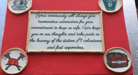 An anonymous donor commissioned this cake for the volunteer firefighters at Station 81: ""Your community will always give tremendous admiration for your commitment to keep us safe. We keep you in our thoughts and take pride in the bravery of the station 81 volunteers and first responders."