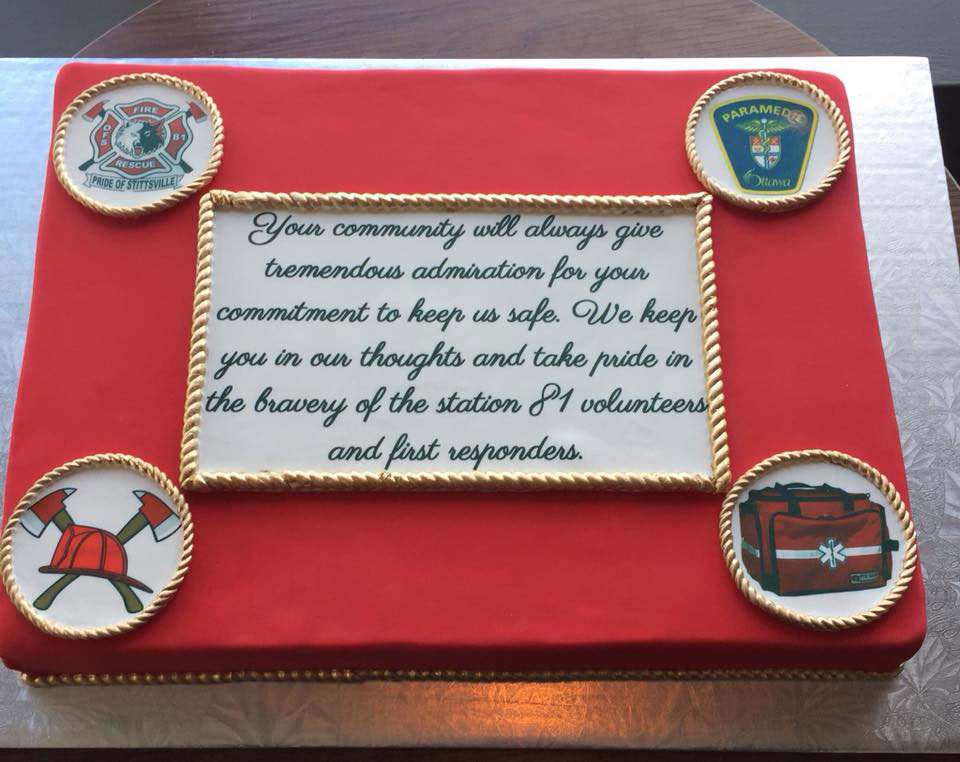 An anonymous donor commissioned this cake for the volunteer firefighters at Station 81: ""Your community will always give tremendous admiration for your commitment to keep us safe. We keep you in our thoughts and take pride in the bravery of the station 81 volunteers and first responders."