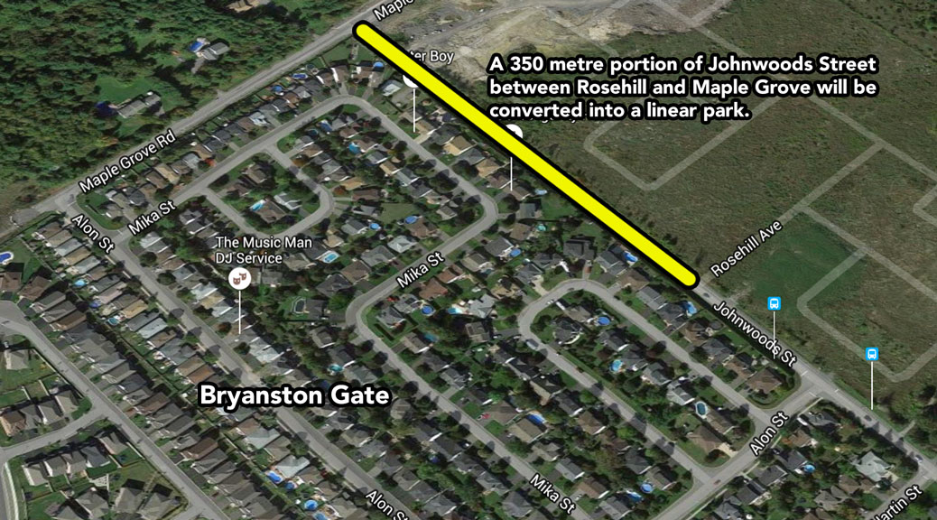 A 350 metre portion of Johnwoods Street between Rosehill and Maple Grove will be converted into a linear park.