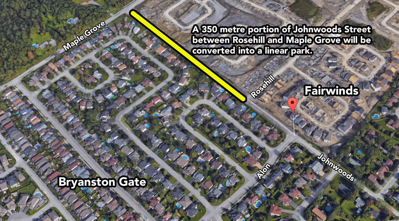 A 350 metre portion of Johnwoods Street between Rosehill and Maple Grove will be converted into a linear park.