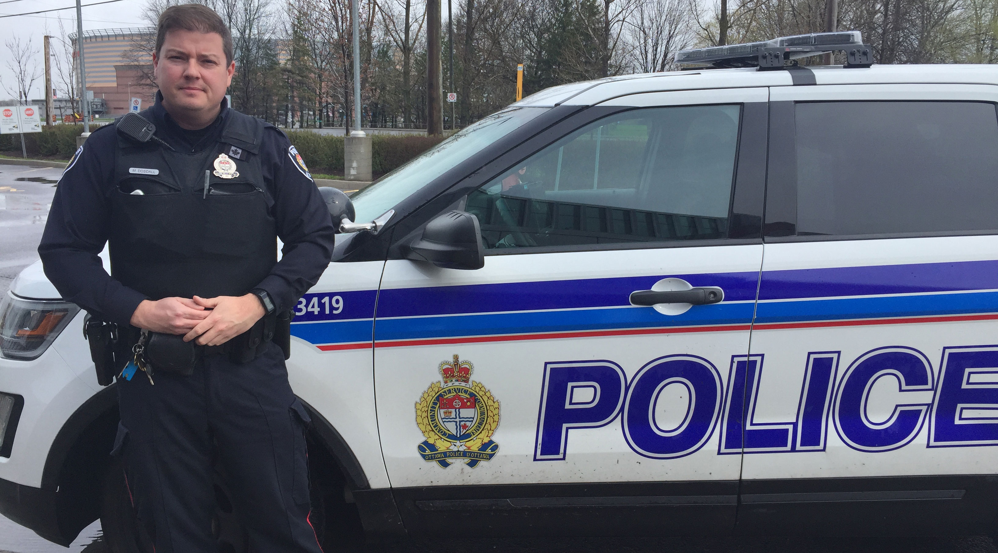 Cst. Mike Dosdall of the Ottawa Police. He's one of several officers who regularly patrol the Stittsville area. Photo by Devyn Barrie.