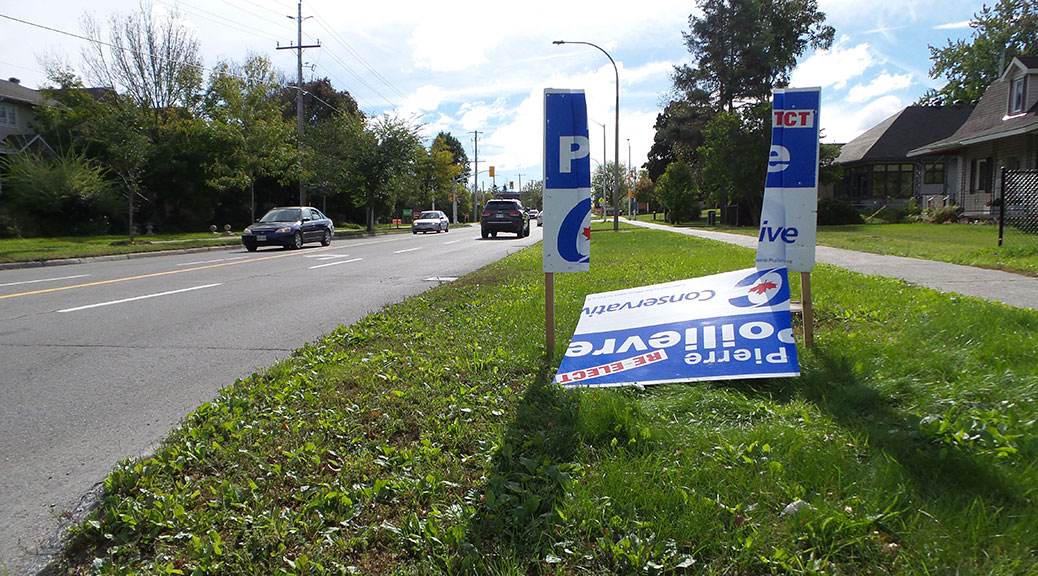 Several of Conservative candidate Pierre Poilievre's signs were damaged along Stittsville Main Street on Saturday night.