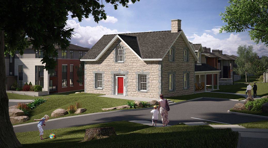 A concept drawing showing the Richardson Farmhouse used as a condo clubhouse in the Uniform development