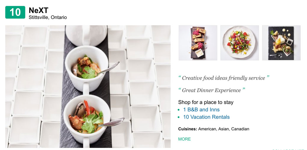 Stittsville's NeXT restaurant has cracked TripAdvisor's Travelers' Choice list of the top ten restaurants in Canada.